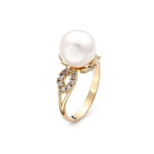 Gold Solitaire pearl ring with cubic zircons