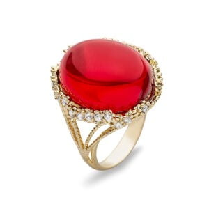 Gold ring with cherry baltic amber decorated with zircons