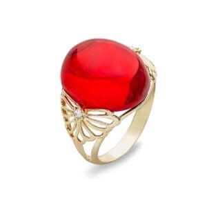 Gold ring with sparkling cherry amber and cubic zirconia