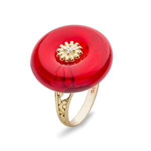 Gold ring with cherry amber in the shape of a donut, with cubic zirconia