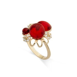 Gold ring with a bouquet of cherry amber stones, decorated with zircons