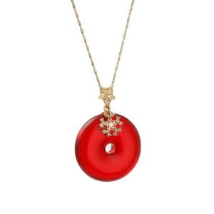 Unikatowa złota zawieszka bursztynowa w kształcie donata w kolorze pięknej wiśni z cyrkoniami