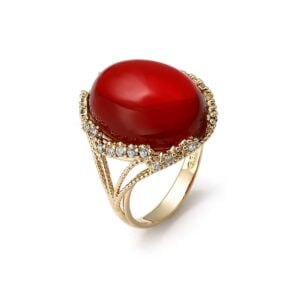 Gold ring with sparkling cherry amber and cubic zirconia